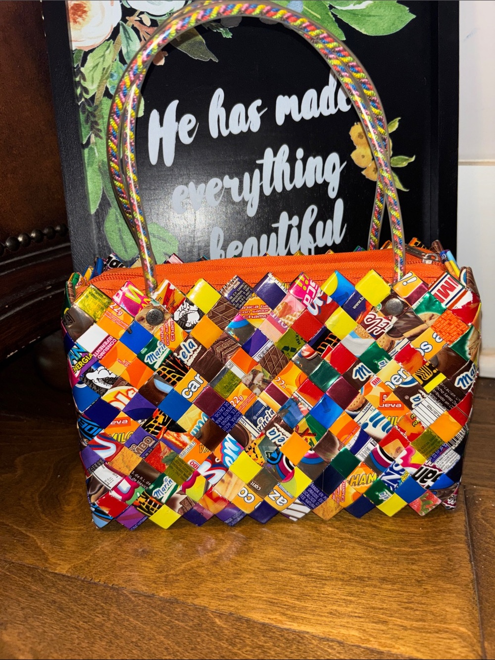 Vtg Handwoven Multicolor Recycled Snack Wrapper Hand Bag - Picture 1 of 14